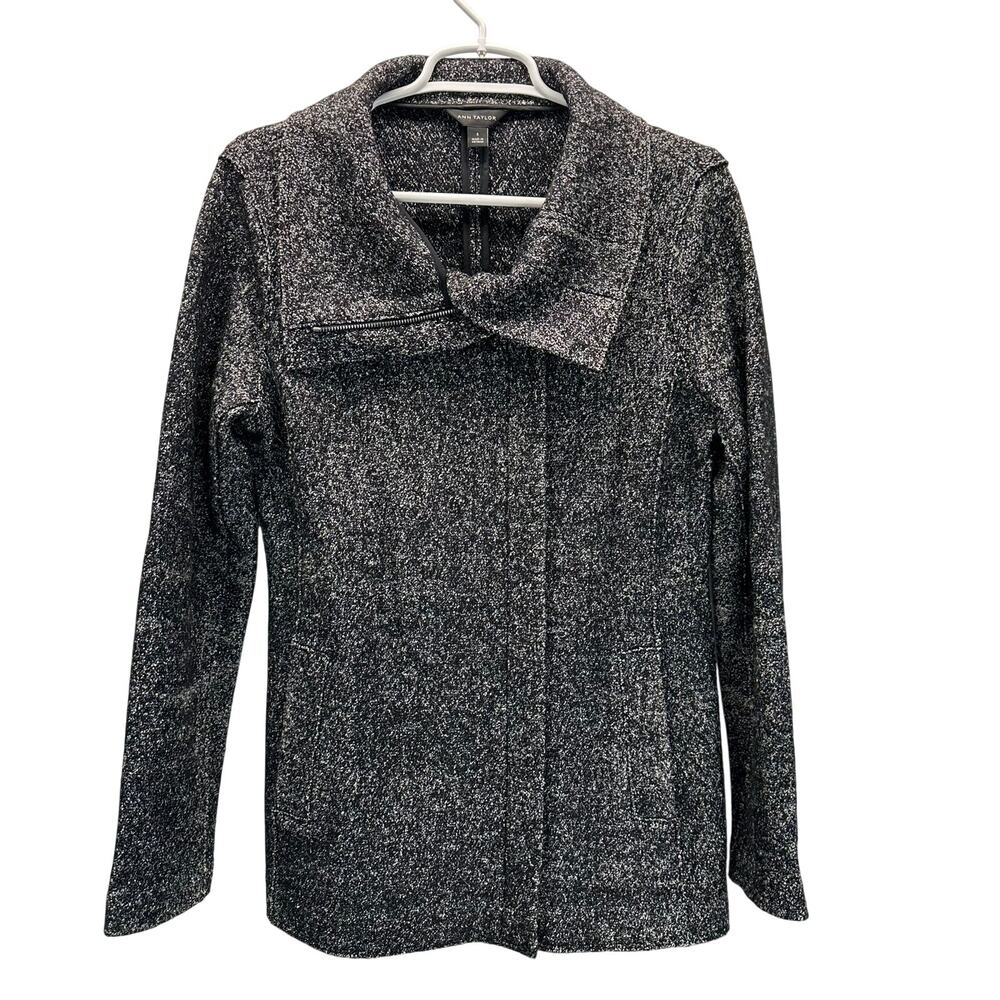 Ann Taylor Textured Asymmetrical Zipper Fold Down Collar Jacket Black Wool S
